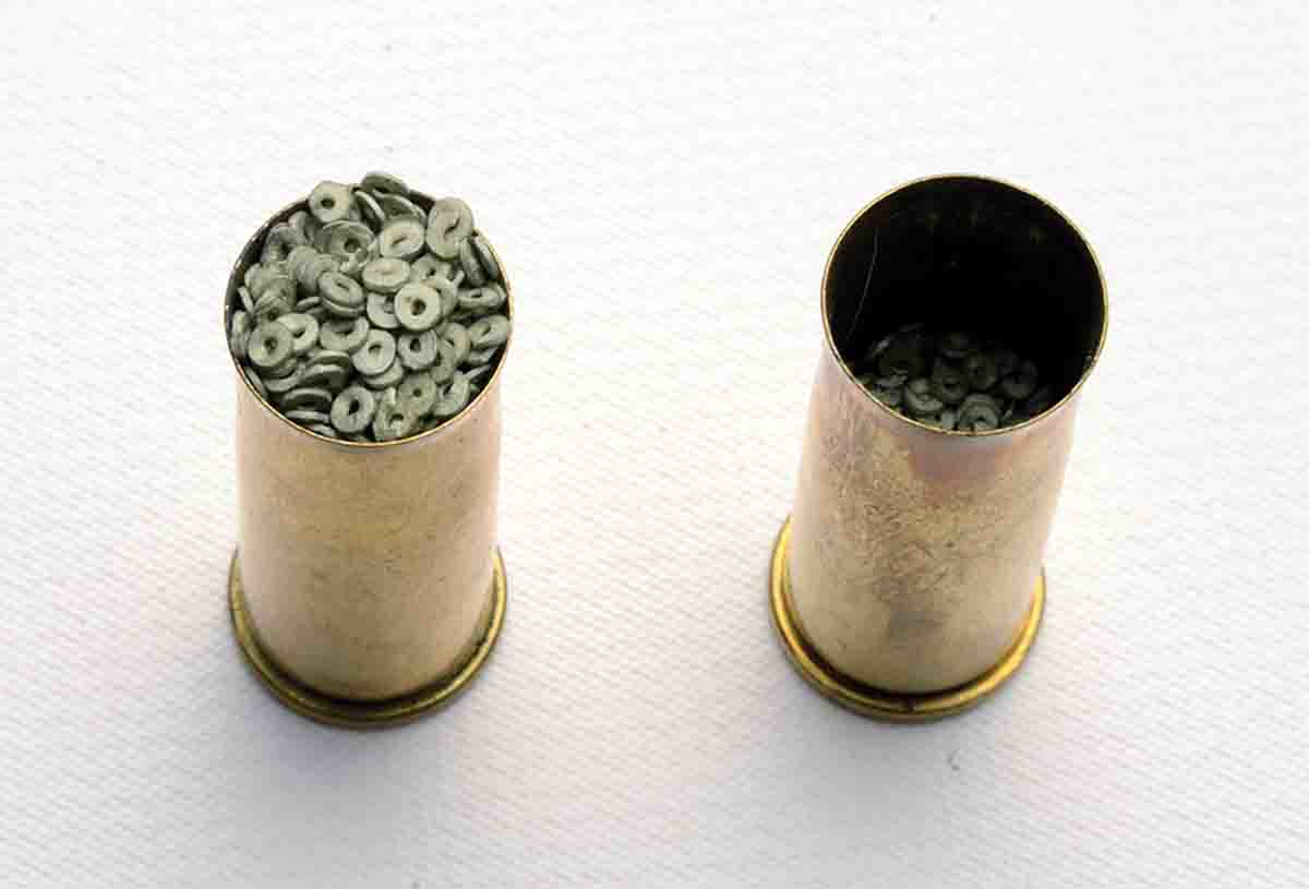 This photo illustrates Trail Boss’ “fluffiness.” The .44-40 case (right) contains the normal 6.0-grain charge of Trail Boss. The case at left is overflowing with a double charge of 12 grains.